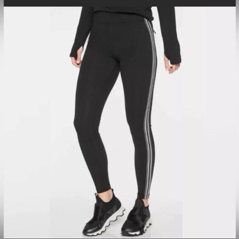 Athleta Track Tux Black Legging White Stripe Trim Zip Pocket Activewear Pants M